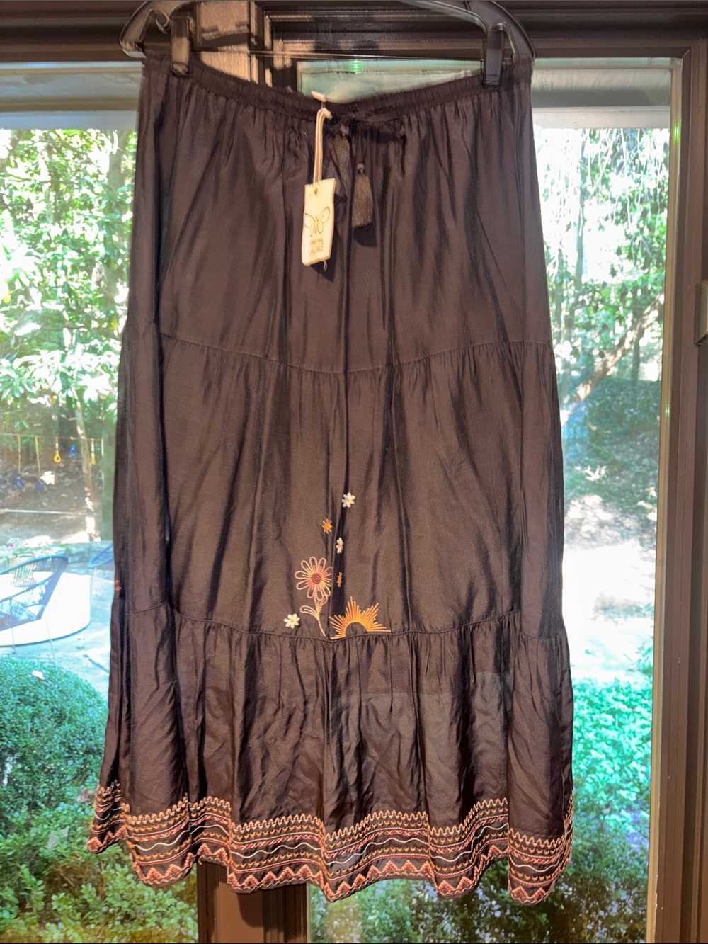 NWT Johnny Was Women’s Embroidered Tiered Black Skirt with Floral Detail